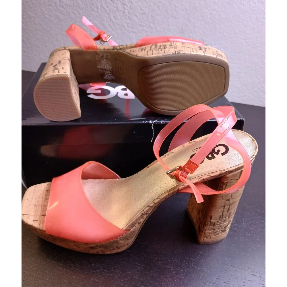 GBG Los Angeles GGQUEEN Pink Jelly Cork Platform Block Heel Sandals Womens 9.5 M